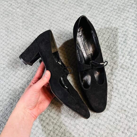 Vtg Charles Jourdan Paris Black Suede Round Toe Strappy Classy Heel 9d - Picture 1 of 6